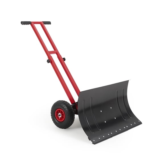 29x16.5 in Snow Shovel with 5-Position Angled Blade & Adjustable Handle, Heavy Duty Metal Snow Pusher Shovel with Wheels for Driveway, Doorway, Sidewalk, Pavement, Black & Red