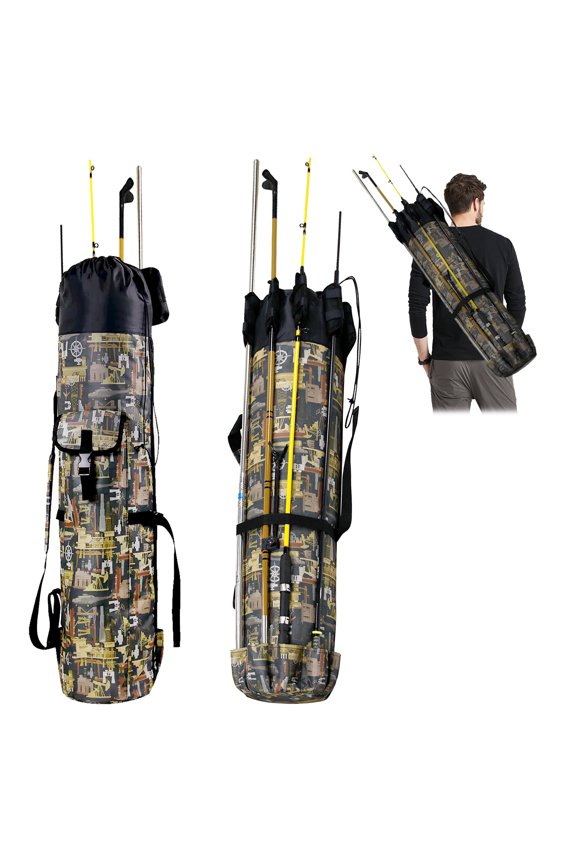 Durable Canvas Fishing Rod & Reel Organizer Bag Travel Carry Case Bag- Holds 5 Poles & Tackle,Fishing Rod Bag