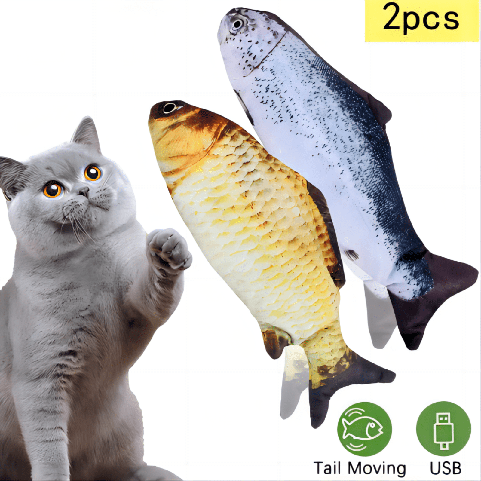 2BK Electric Moving Wagging Fish Cats Toy Realistic Flopping