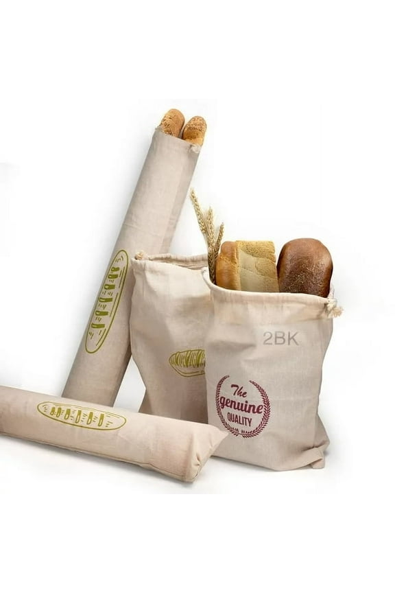Linen Bread Bags with Tie,Pack of 4 Natural Unbleached Bread Bags,Reusable Drawstring Bag for Loaf, Baguette and Homemade Bread Storage
