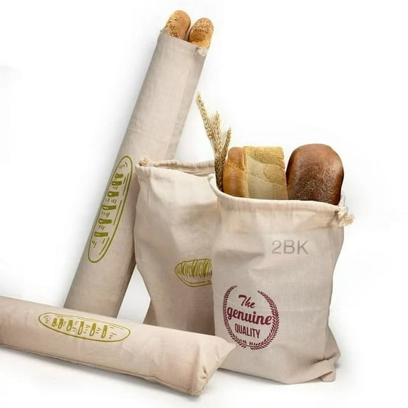 2BK Linen Bread Bags with Tie,Pack of 4 Natural Unbleached Bread Bags,Reusable Drawstring Bag for Loaf, Baguette and Homemade Bread Storage