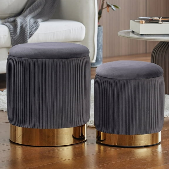 Round Ottoman with Storage Set of 2, Grey Velvet Storage Ottoman for Living Room, Round Storagle Lid Upholstered Storage Footrest Stool for Living Room Bedroom