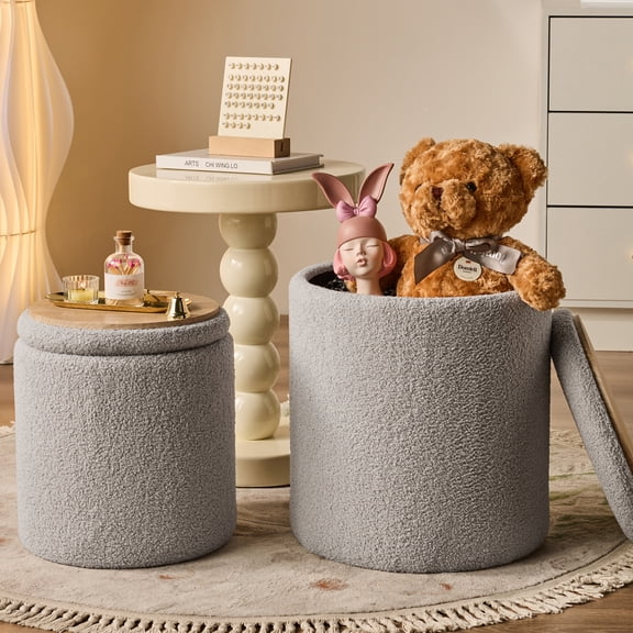 2BYF Round Storage Ottoman Set of 2, 12 Gallon Capacity, Sherpa Gray - Footrest, Coffee Table, 300lb Weight Capacity