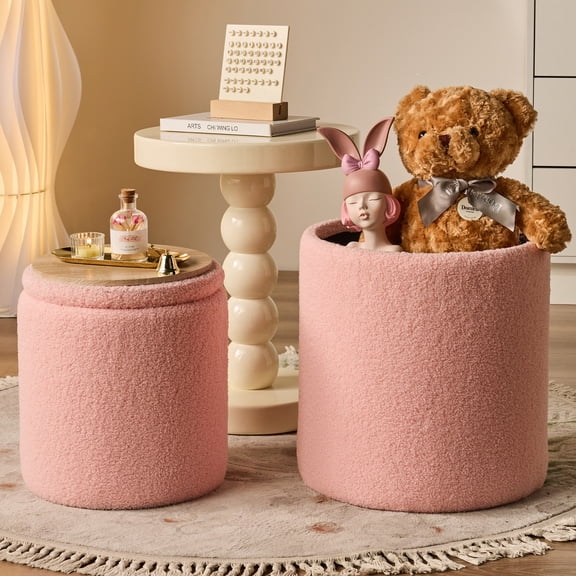 2BYF Round Storage Ottoman Set of 2, 12 Gallon Capacity, Sherpa Pink - Footrest, Coffee Table, 300lb Weight Capacity