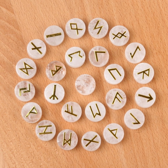 2Bag Tumbled Natural Quartz Crystal with Carved Rune Words Divination Stone Flat Round 16~19x6~7mm