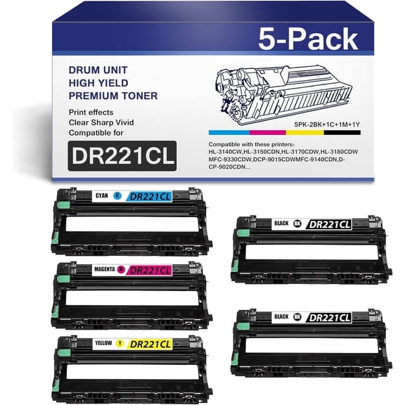 (2Black+1Cyan+1Yellow+1Magenta) DR221CL Drum Unit Compatible for Brother DR-221CL Drum Cartridge HL-3140CW 3150CDN MFC-9130CW 9140CDN DCP-9015CDW 9020CDN Printer (5,Pack).