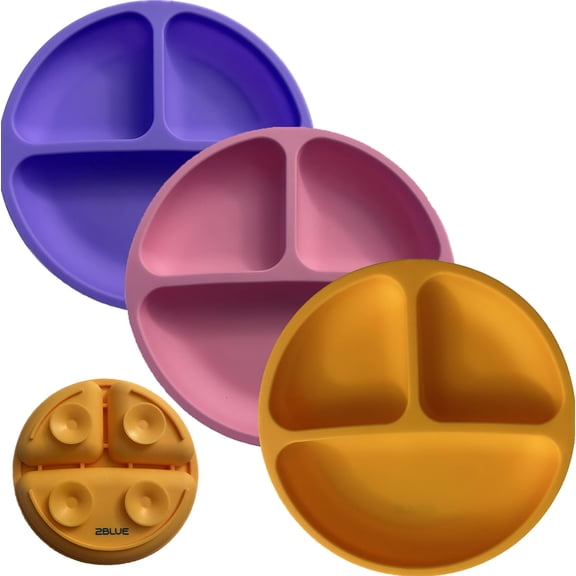 2Blue Round Suction Plates for Baby and Toddlers - 100% Silicon Set 1/3 Pcs (Orange-Rose-Purple)
