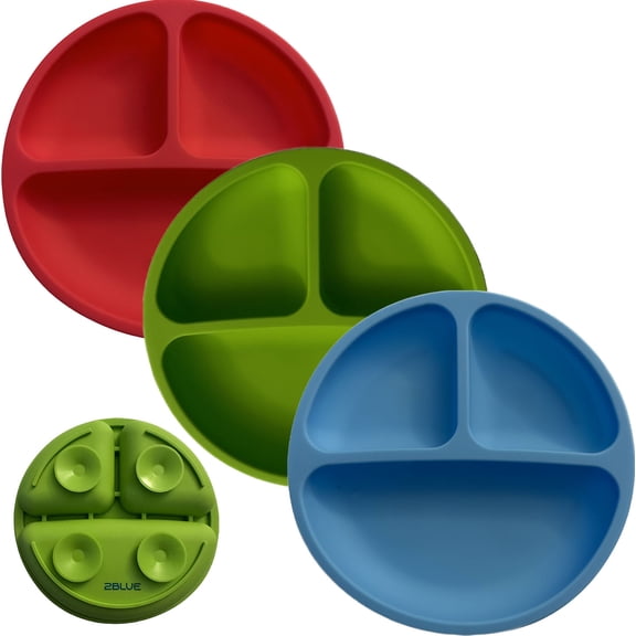 2Blue Round Suction Plates for Baby and Toddlers - 100% Silicon Set 1/3 Pcs (Red-Blue-Green)