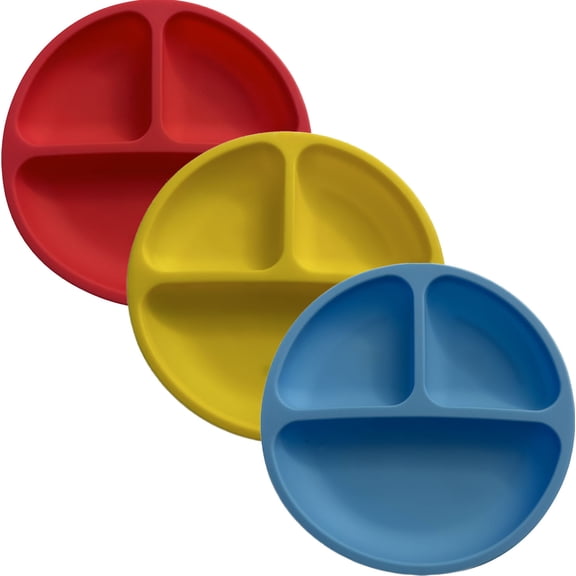 2Blue Round Suction Plates for Baby and Toddlers - 100% Silicon Set 1/3 Pcs (Red-Blue-Yellow)