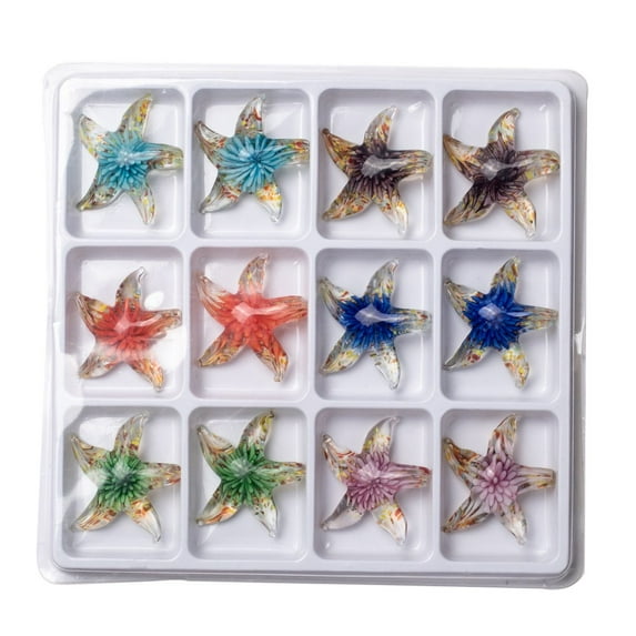 2Box Handmade Lampwork Pendants Starfish/Sea Stars Mixed Color 42x47x13mm Hole: 7mm 12pcs/box