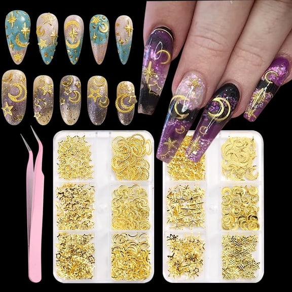 2Boxes Star Moon Mixed Hollowed-Out Design Gold Nail Charms,Shiny Gold Pentagram Stars Crescent Shaped Nail Gems,3D Metallic Golden Nail Studs Jewelry Decoration DIY Nail Manicure Tweezer