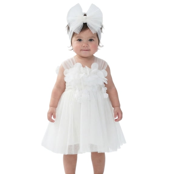 2Bunnies Baby Toddler Girls' 6M-3T 3D Flower Petal Bow Tie-Back Bow Dress