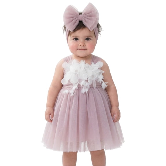 2Bunnies Baby Toddler Girls' 6M-3T 3D Flower Petal Bow Tie-Back Bow Dress