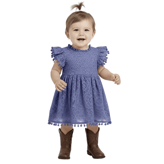2Bunnies Baby & Toddler Girls’ Vintage Lace Pom Pom Trim Flutter Sleeve Party Dress