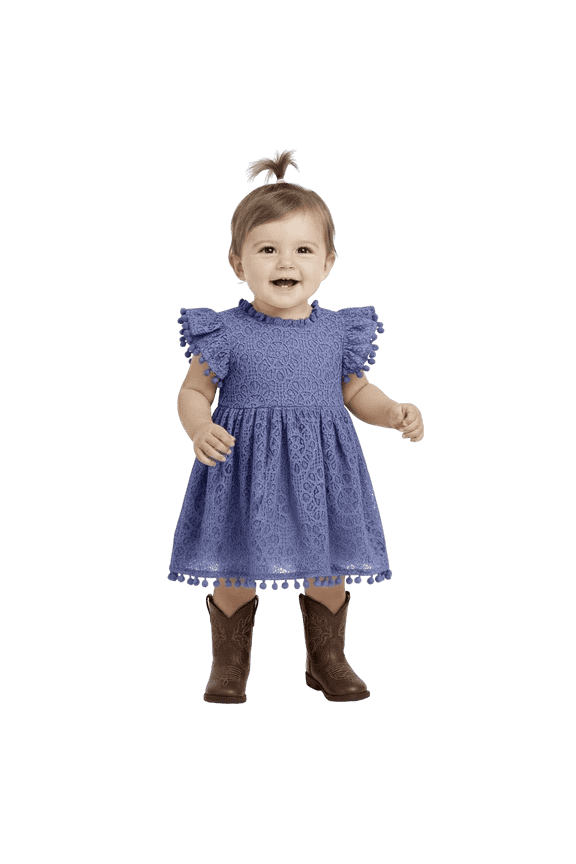 Baby & Toddler Girls’ Vintage Lace Pom Pom Trim Flutter Sleeve Party Dress