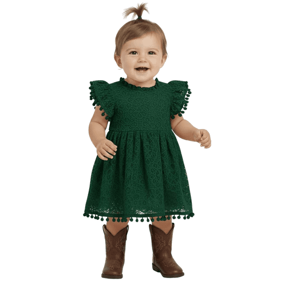 2Bunnies Baby & Toddler Girls’ Vintage Lace Pom Pom Trim Flutter Sleeve Party Dress