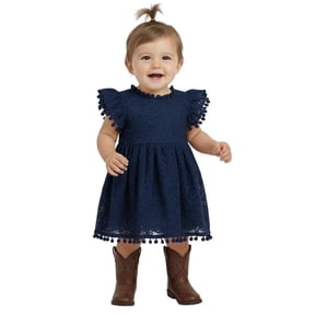 2Bunnies Baby & Toddler Girls’ Vintage Lace Pom Pom Trim Flutter Sleeve Party Dress