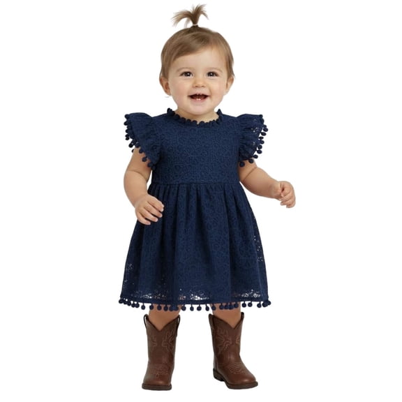 2Bunnies Baby & Toddler Girls’ Vintage Lace Pom Pom Trim Flutter Sleeve Party Dress
