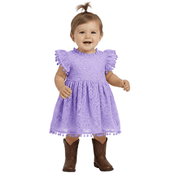2Bunnies Baby & Toddler Girls’ Vintage Lace Pom Pom Trim Flutter Sleeve Party Dress