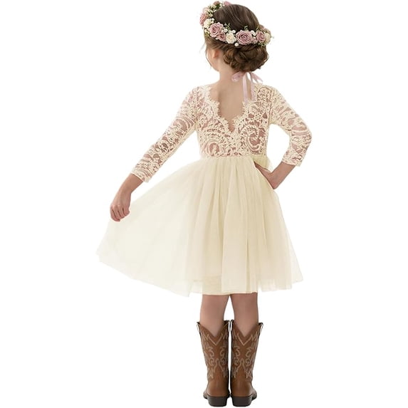 2Bunnies Girls' 12M-10Y Paisley Lace Tulle Long Sleeve Knee Flower Girl Dress