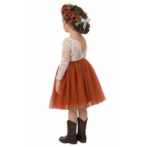 2Bunnies Girls' 12M-10Y Rose Lace Tulle Long Sleeve Knee Flower Girl Dress