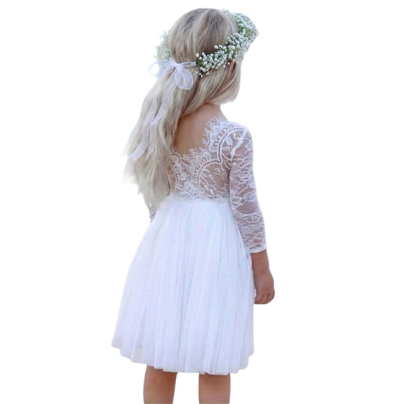 2Bunnies Girls' 12M-10Y Rose Lace Tulle Long Sleeve Knee Flower Girl Dress