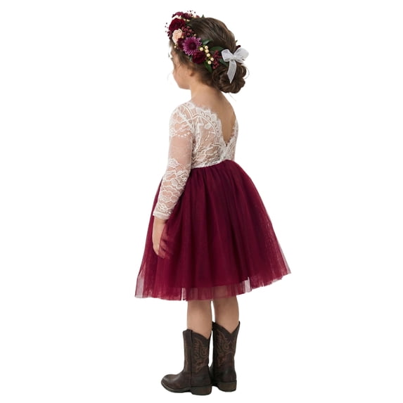2Bunnies Girls' 12M-10Y Rose Lace Tulle Long Sleeve Knee Flower Girl Dress