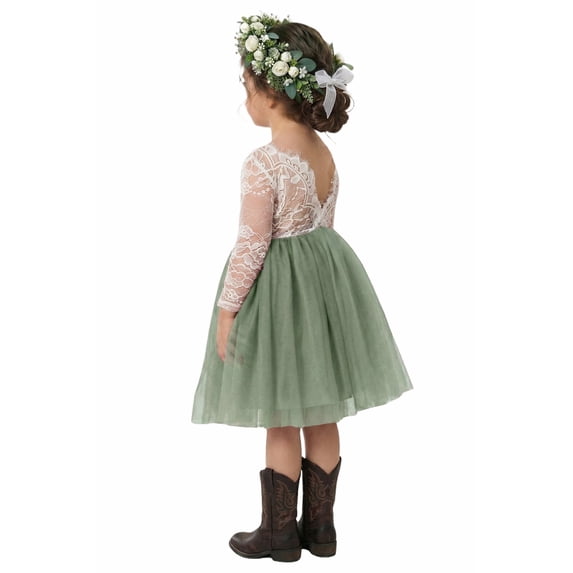 2Bunnies Girls' 12M-10Y Rose Lace Tulle Long Sleeve Knee Flower Girl Dress