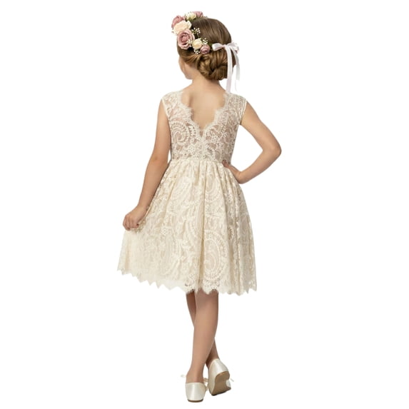 2Bunnies Girls' 12M-10yr Paisley All-Over Lace Sleeveless Flower Girl Dress Knee