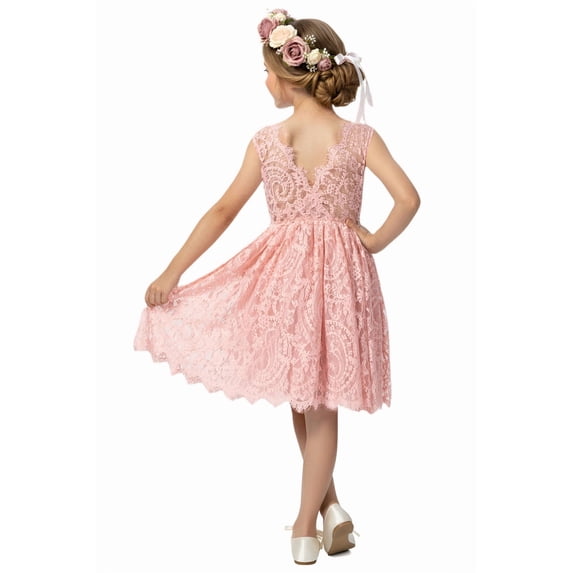 2Bunnies Girls' 12M-10yr Paisley All-Over Lace Sleeveless Flower Girl Dress Knee