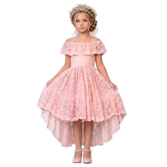 2Bunnies Girls' 12M-12Y All-Over Paisley Lace Off-Shoulder Flower Girl Dress
