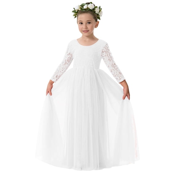 2Bunnies Girls' 12M-12Y Paisley Lace Tulle Long Sleeve Maxi Flower Girl Dress
