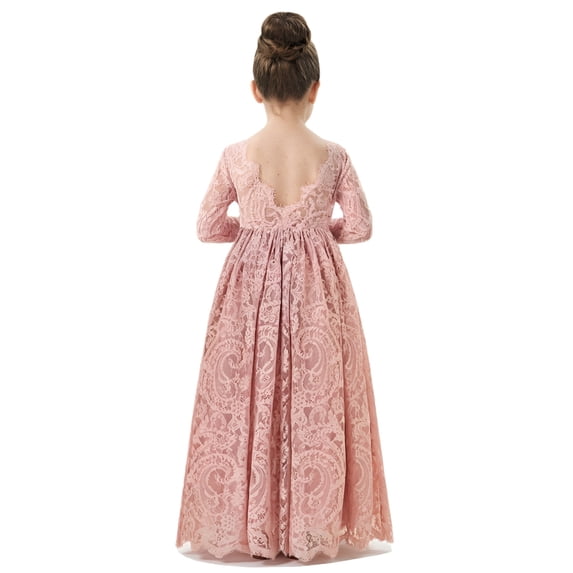 2Bunnies Girls' 12M-12yr Paisley All-Over Lace V Back Long Sleeve Maxi Flower Girl Dress