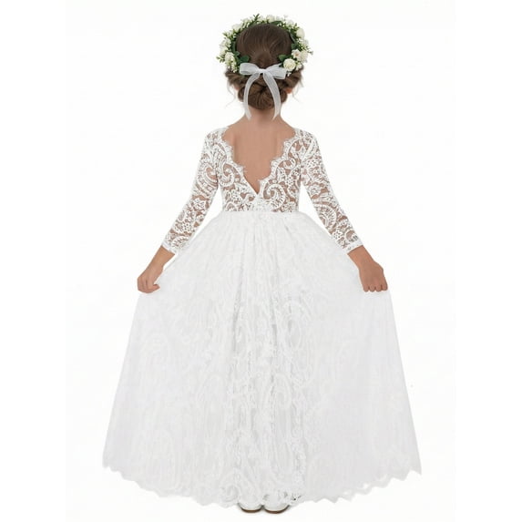 2Bunnies Girls' 12M-12yr Paisley All-Over Lace V Back Long Sleeve Maxi Flower Girl Dress