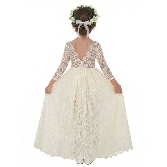 2Bunnies Girls' 12M-12yr Paisley All-Over Lace V Back Long Sleeve Maxi Flower Girl Dress