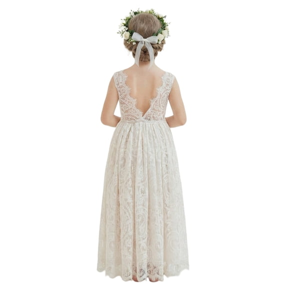 2Bunnies Girls' 12M-12yr Paisley All-Over Lace V Back Sleeveless Maxi Flower Girl Dress