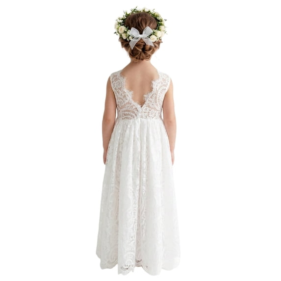2Bunnies Girls' 12M-12yr Paisley All-Over Lace V Back Sleeveless Maxi Flower Girl Dress