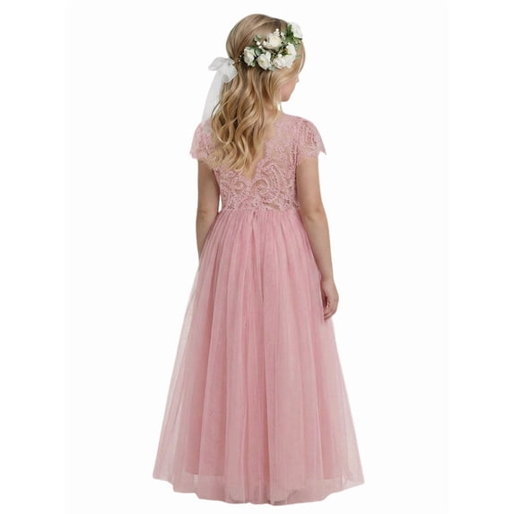 2Bunnies Girls' 12M-12yr Paisley Lace Tulle Short Sleeve Maxi Flower Girl Dress