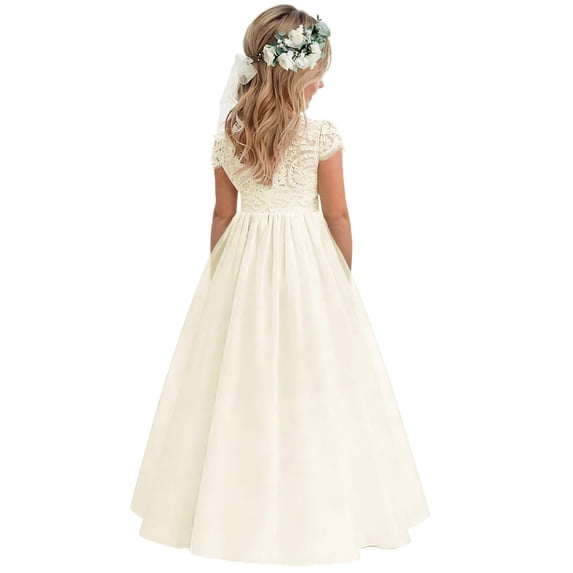 2Bunnies Girls' 12M-12yr Paisley Lace Tulle Short Sleeve Maxi Flower Girl Dress