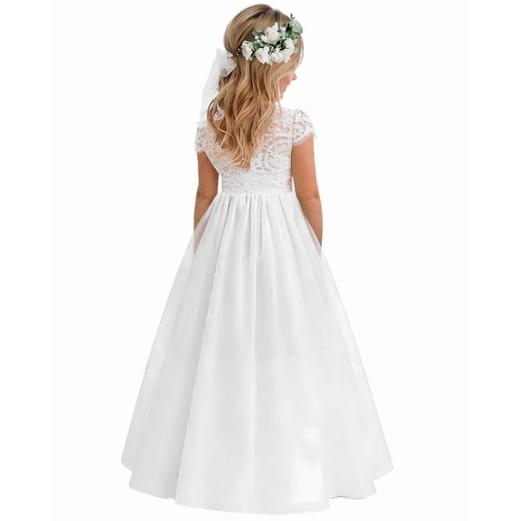 2Bunnies Girls' 12M-12yr Paisley Lace Tulle Short Sleeve Maxi Flower Girl Dress