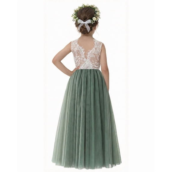 2Bunnies Girls' 12M-12yr Rose Lace Sleeveless Maxi Flower Girl Dress