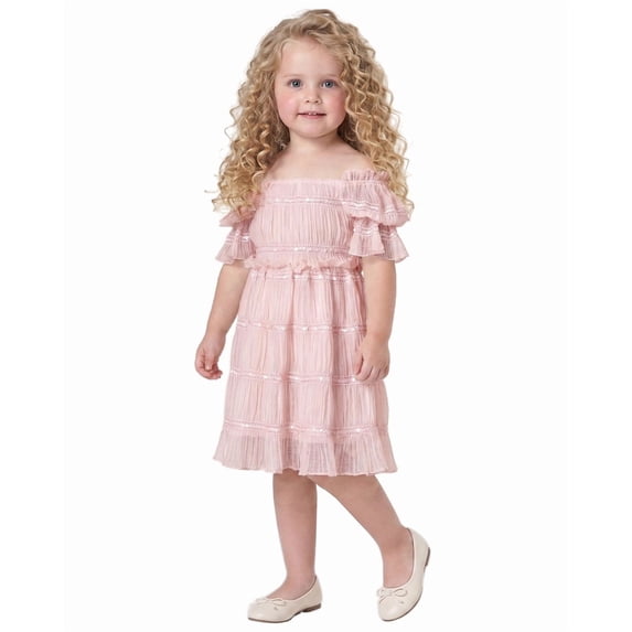 2Bunnies Girls' 12M-3T Baby Toddler Vintage Boho Rustic Off-Shoulder Textured Ruffle Dress