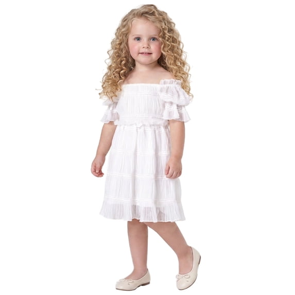 2Bunnies Girls' 12M-3T Baby Toddler Vintage Boho Rustic Off-Shoulder Textured Ruffle Dress