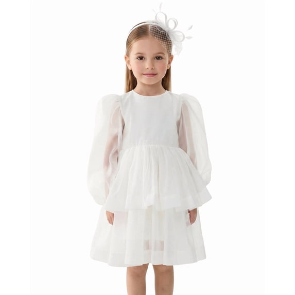 2Bunnies Girls' 2T-10yr Organza Long Sleeve Tiered Babydoll Skater Princess Flower Girl Dress