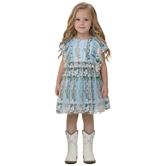 2Bunnies Girls' 2T-6yr Floral Embroidered Tulle Strap Flutter Sleeve Girl Dress