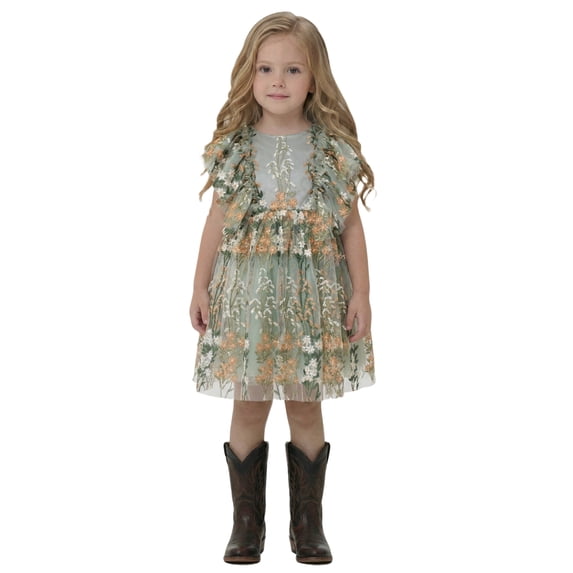 2Bunnies Girls' 2T-6yr Floral Embroidered Tulle Strap Flutter Sleeve Girl Dress