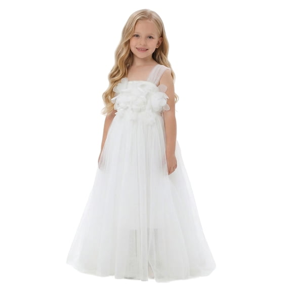 2Bunnies Girls' 3T-8Y 3D Flower Petal Tie-Back Bow Maxi Flower Girl Dress