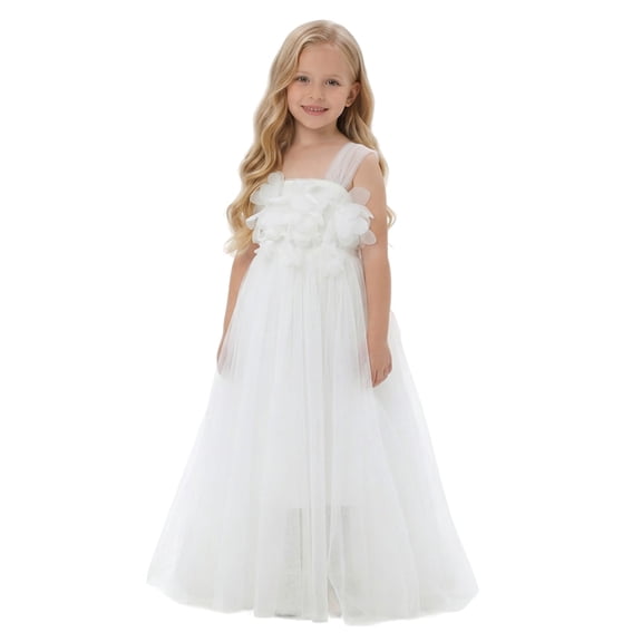 2Bunnies Girls' 3T-8Y 3D Flower Petal Tie-Back Bow Maxi Flower Girl Dress