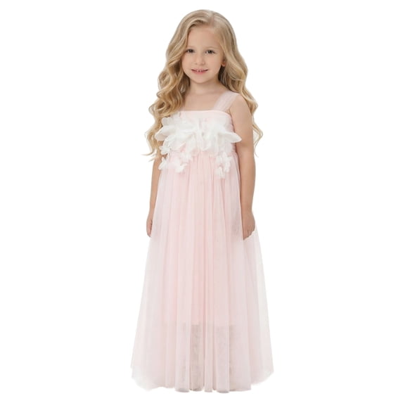 2Bunnies Girls' 3T-8Y 3D Flower Petal Tie-Back Bow Maxi Flower Girl Dress