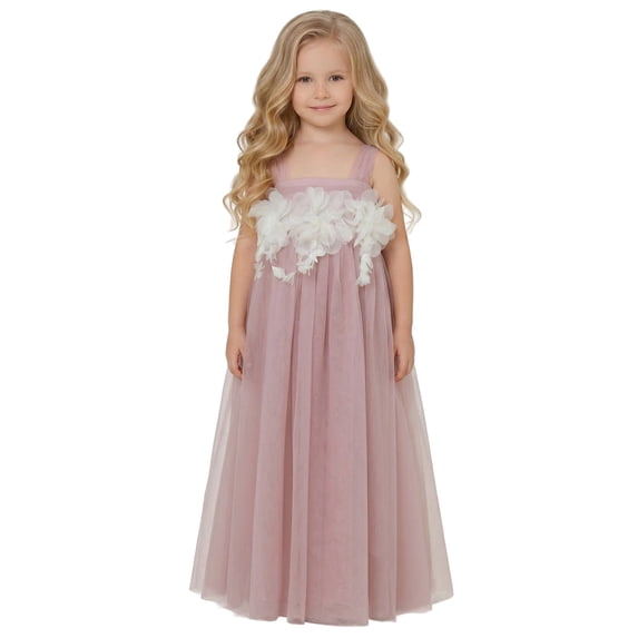 2Bunnies Girls' 3T-8Y 3D Flower Petal Tie-Back Bow Maxi Flower Girl Dress